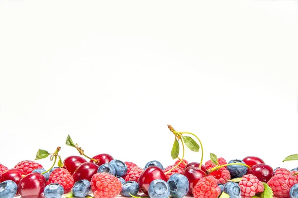 Mix Isolate Blueberry Blackberry Raspberry Cherry Mint Fresh Ripe Berry — 스톡 사진