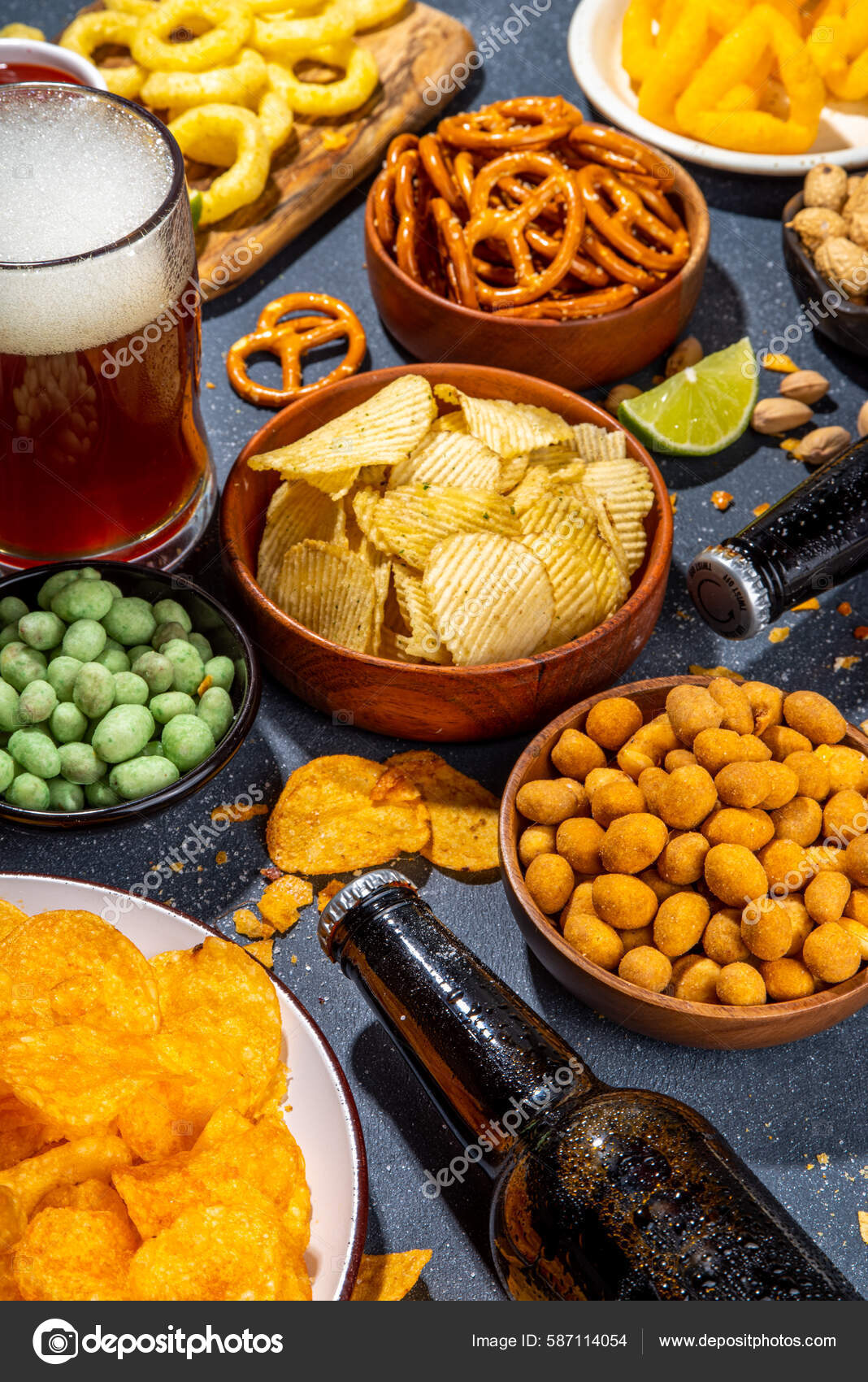Beer Various Salted Snacks Set Black Table Background Traditional