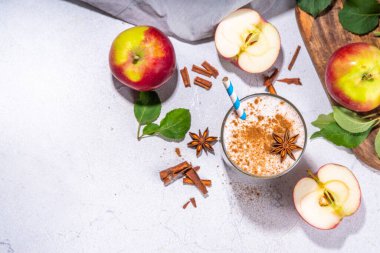 Apple pie smoothie with yogurt, apple slices, oatmeal granola flakes, cinnamon, spices and walnuts. Healthy uatumn breakfast or snack, with fresh raw apples and spices copy space