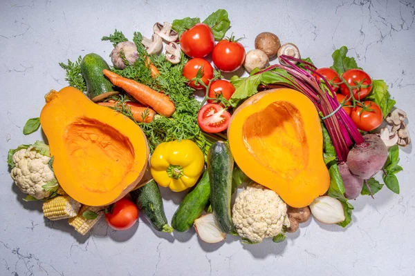 Autumn Vegetables Cooking Background Organic Fall Harvest Farm Vegetables Mushrooms — Fotografia de Stock