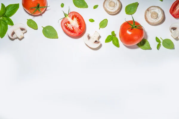Mushrooms Tomato Basil Isolated White Flatlay Pattern White Background Top — Foto de Stock