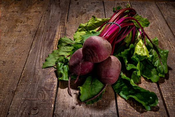 Fresh Raw Organic Beetroot Beet Leaves Rustic Wooden Background Copy — 图库照片