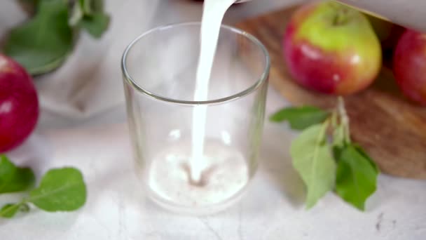 Apple Pie Smoothie Yogurt Apple Slices Oatmeal Granola Flakes Cinnamon — Stock video