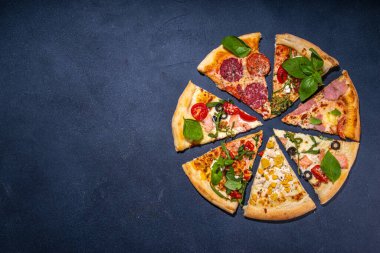 Farklı çeşnili pizza parçaları farklı geleneksel dolgulu - deniz ürünleri somonu, tavuklu Hawaii yemeği, vejetaryen sebze margaritası, et carbonara, koyu gri arka planda salam.
