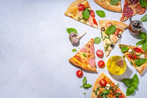 Various taste type pizza slices with different traditional filling - seafood fish salmon, Hawaiian with chicken, vegetarian vegetable margarita, meat carbonara, salami on white background