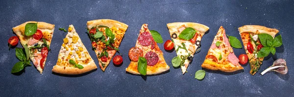 Diverse Smaak Soort Pizza Stukken Met Verschillende Traditionele Vulling Zeevruchten — Stockfoto