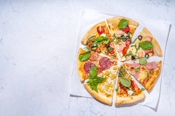 Various taste type pizza slices with different traditional filling - seafood fish salmon, Hawaiian with chicken, vegetarian vegetable margarita, meat carbonara, salami on white background