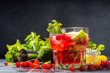 Kırmızı üzümlü limonata ya da mojito kokteyli. Frenk üzümü, limon, miint ve buz ile buzlu taze yaz kokteyli. Koyu renkli arkaplan kopyalama alanı