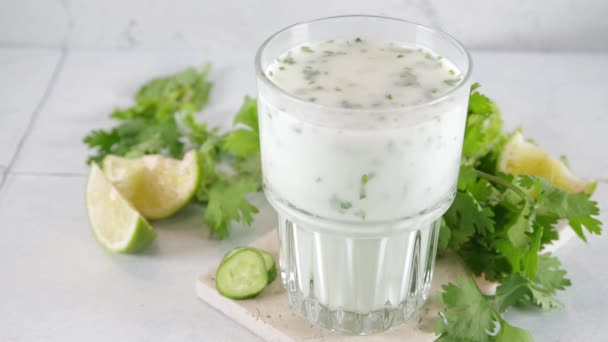 Fresh Asian Yogurt Drink Kefir Ayran Glass Smashed Herbs Ayran — Vídeos de Stock