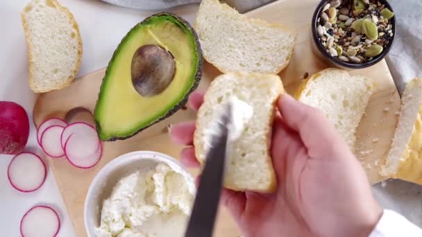 Making Sandwiches Healthy Diet Snack Rye Chiabatta Bread Smashed Avocado — стоковое видео