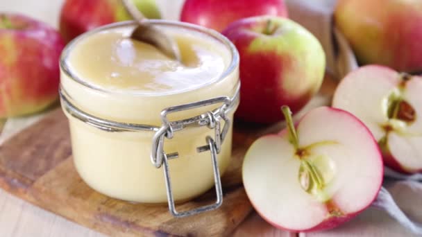 Homemade Organic Applesauce Healthy Apple Sauce Small Jar Fresh Summer — Stock Video