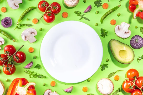 Különböző Friss Zöldségek Nyers Bio Zöldségek Saláta Összetevők Fényes Lapos — Stock Fotó