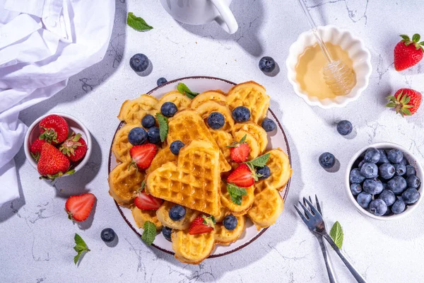 Breakfast Belgian Waffles Strawberries Blueberries Honey Homemade Healthy Heart Shaped — Stock Photo, Image