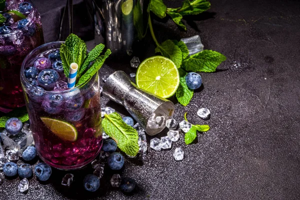 Blueberry citrus summer cooling drink, iced berry mojito lemonade cocktail with blueberries, mint and lime