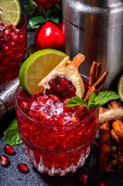 Spicy autumn pomegranate cocktail. Alcohol warming gin drink with pomegranate, lime, cinnamon, mint, autumn winter sangria on dark background copy space