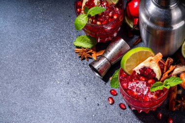 Spicy autumn pomegranate cocktail. Alcohol warming gin drink with pomegranate, lime, cinnamon, mint, autumn winter sangria on dark background copy space