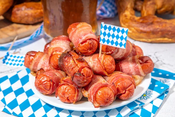 Oktoberfest Party Food Pretzel Hot Dogs Puff Pastry Rolls Sausage — Stockfoto