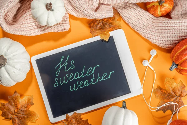 Cozy Fall Background Tablet Ear Pods White Orange Pumpkins Autumn — Fotografia de Stock