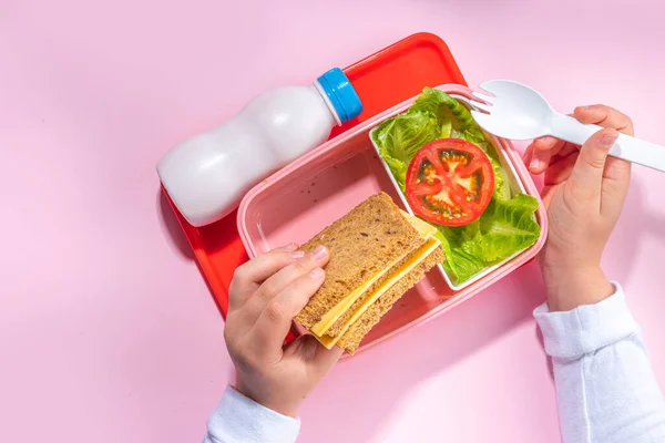 Healthy school meal, back to school concept. Children packed lunch box with balanced diet snack food - yogurt, cereal toast sandwich, apple, fresh vegetable salad, high-colored bright background