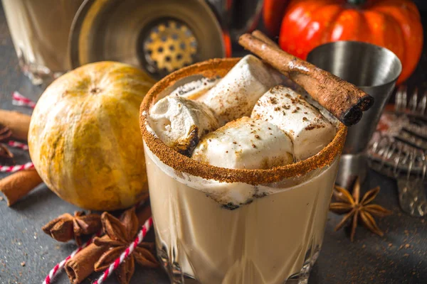 Hot pumpkin spice cocktail, pumpkin white russian cocktail, with marshmallow and pumpkin spices, dark background copy space