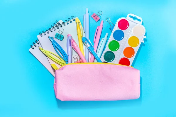 Back School Flatlay Background Pink Pencil Case Various School Stationery — 图库照片
