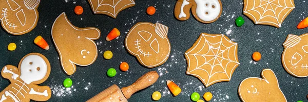 Halloween Holiday Gingerbread Cookies Dark Background Baking Ingredients Utensils Flour — Photo