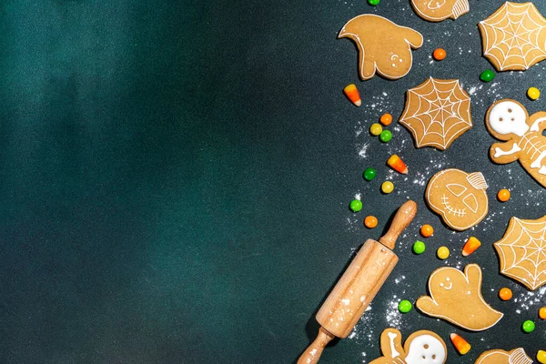 Halloween Holiday Gingerbread Cookies Dark Background Baking Ingredients Utensils Flour — Photo