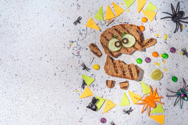 Funny Halloween Monster Sandwiches Set Various Decorated Monster Sandwich Toasts — Photo