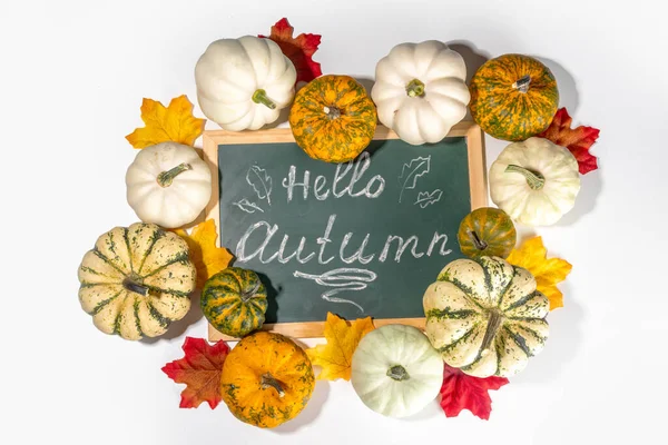 Abóboras Decorativas Outono Com Folhas Queda Fundo Mesa Branca Dia — Fotografia de Stock