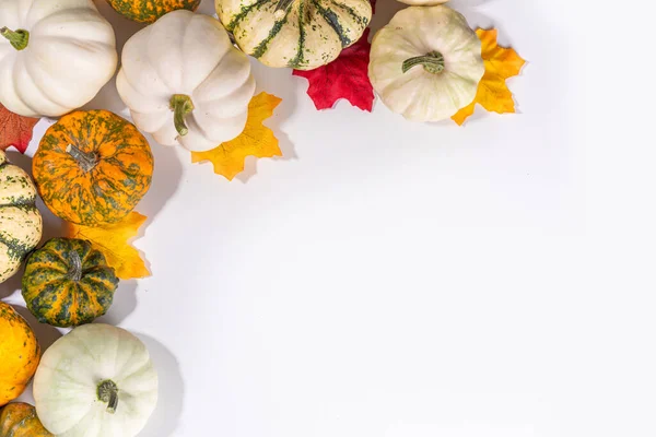 Herbst Dekorative Kürbisse Mit Herbstblättern Auf Weißem Tischhintergrund Herbst Thanksgiving — Stockfoto
