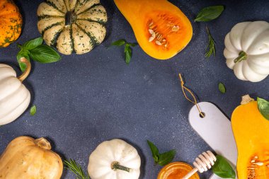 Bal kabakları değişik boyutlarda yemek pişirme arka planı, bitki ve baharatlı kabak türleri, zeytin yağı, bal, siyah mutfak masası arka planında Üst görünüm alanı 