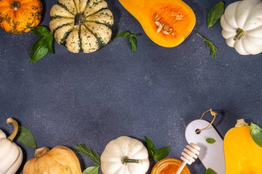 Bal kabakları değişik boyutlarda yemek pişirme arka planı, bitki ve baharatlı kabak türleri, zeytin yağı, bal, siyah mutfak masası arka planında Üst görünüm alanı 