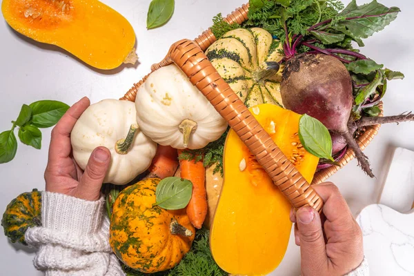 Autumn cooking, organic farm food background. Harvesting concept. Basket with fresh vegetables colorful pumpkins, squash, beetroot, carrots, cabbage, on a white marble table. cooking background