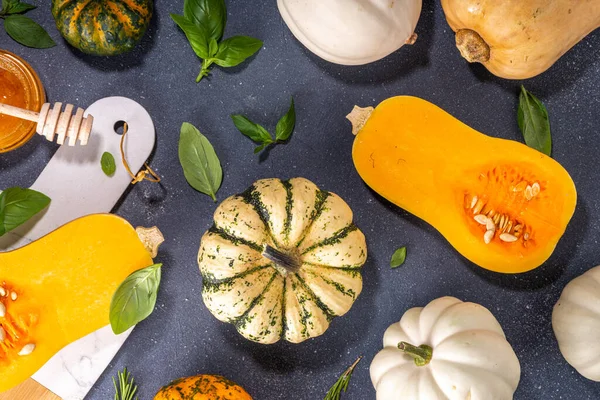 Kürbisse Kochen Hintergrund Mit Verschiedenen Größen Arten Und Farben Squash — Stockfoto