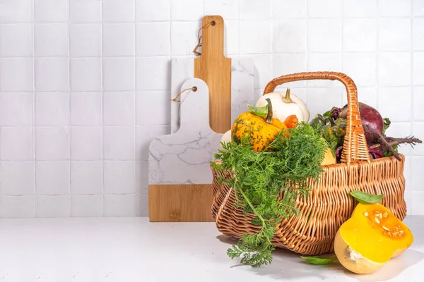 Autumn cooking, organic farm food background. Harvesting concept. Basket with fresh vegetables colorful pumpkins, squash, beetroot, carrots, cabbage, on a white marble table. cooking background