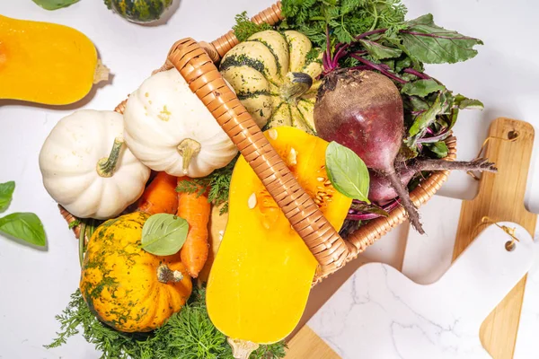 Autumn cooking, organic farm food background. Harvesting concept. Basket with fresh vegetables colorful pumpkins, squash, beetroot, carrots, cabbage, on a white marble table. cooking background