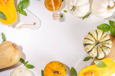 Bal kabakları değişik boyutlarda, çeşitli boyut ve renklerde kabaklar, bitki ve baharatlar, zeytin yağı, bal, beyaz mutfak masası arka planında üst görünümde fotokopi alanı 