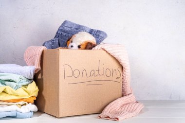 Giysileri, oyuncakları ve yiyeceği beyaz masa arkasında olan bağış kutusu. Oyuncak, kadın ve çocuk kıyafetleri ve yiyeceklerle dolu bir karton bağış kutusu. Sosyal hizmet, gönüllülük, yardım konsepti kopyalama alanı