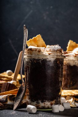 Koyu çikolatalı Smores kek, basit tarifler mikrodalgada pişirme, lav keki, şekerli kek ve bardakta kraker.