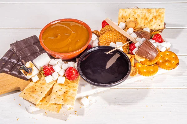 S\'mores home party food and ingredients. Smores buffet background with various marshmallow, crackers, chocolate, fruits, chocolate, toppings, sauces. Traditional autumn summer american smores dessert