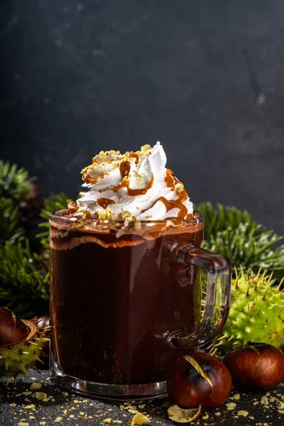 Glass Cup Dark Chestnut Hot Chocolate Choco Latte Whipped Cream — Stock Photo, Image