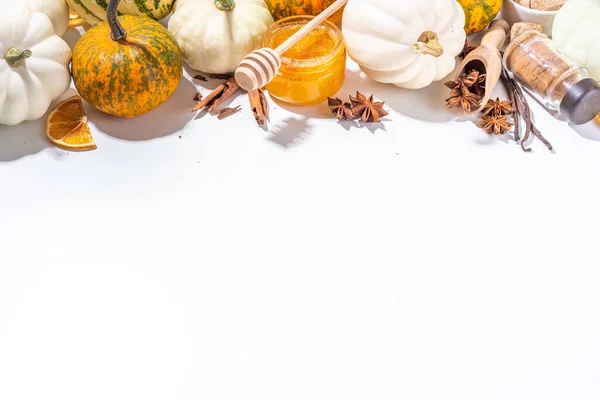 Herbst Herbst Kürbis Gewürzbacken Und Trinken Zutaten Verschiedene Bunte Kürbisse — Stockfoto