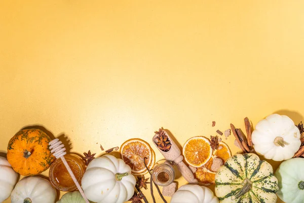 Herbst Herbst Kürbis Gewürzbacken Und Trinken Zutaten Verschiedene Bunte Kürbisse — Stockfoto