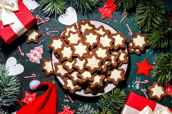 Christmas Star Sugar Glazed Cookies Traditional Xmas Dark White Chocolate — Stock Photo, Image