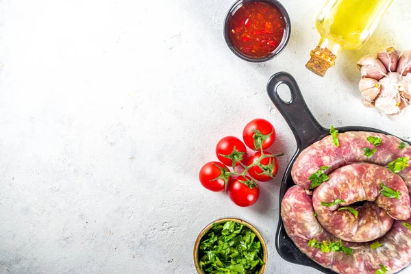Conjunto Diferentes Embutidos Carne Crua Carne Porco Frango Mesa Cozinhar — Fotografia de Stock