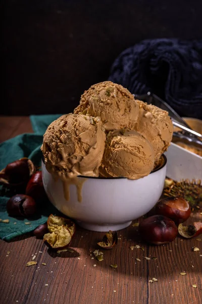 Autumn Spicy Ice Cream Roasted Chestnut Taste Spices Wooden Background Royalty Free Stock Images