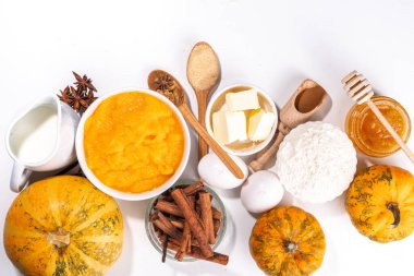 Balkabağı turtası malzemeleri - balkabağı püresi, baharatlar, tarçın, hamur malzemeleri, floue, yumurta, tereyağı, krema sütü, kopyalama alanı