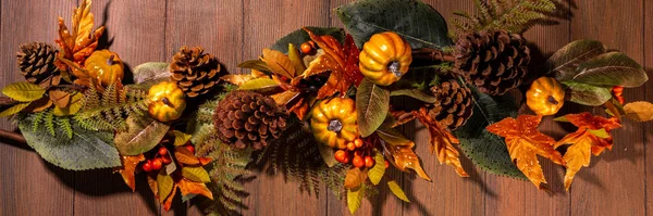 Festive Autumn Decorated Background Old Wooden Plank Table Fall Decoration — Stock Photo, Image