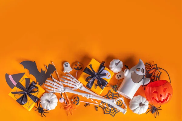 Glad Halloween Semester Gratulationskort Bakgrund Platt Leksak Lådor Uppsättning Halloween — Stockfoto