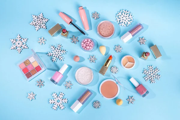 Winter Make Set Light Blue Background Artificial Snowflakes Christmas Tree — Stock Photo, Image
